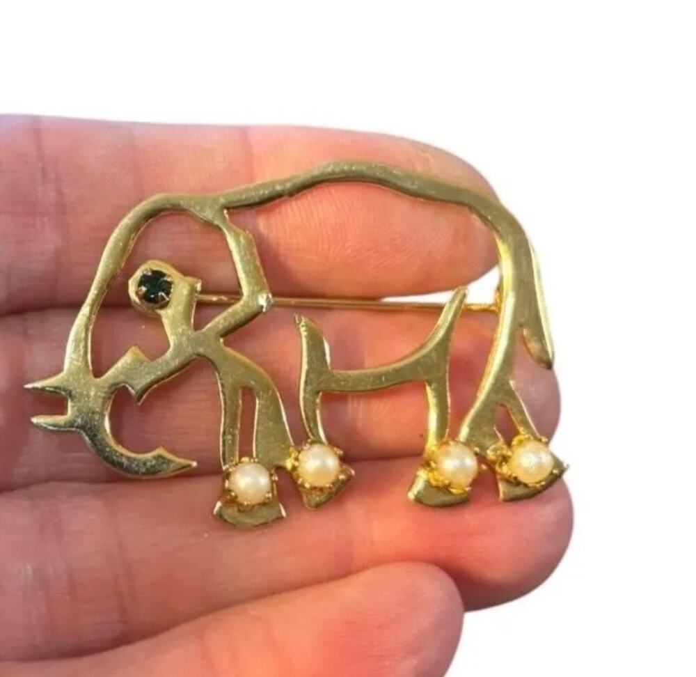 Vintage Abstract Animal Brooch Gold Tone Pearl Accents Modernist Pin Statement